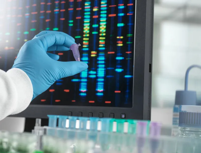 Scientist holding a vial in a genetics lab beside a DNA sequencing chart