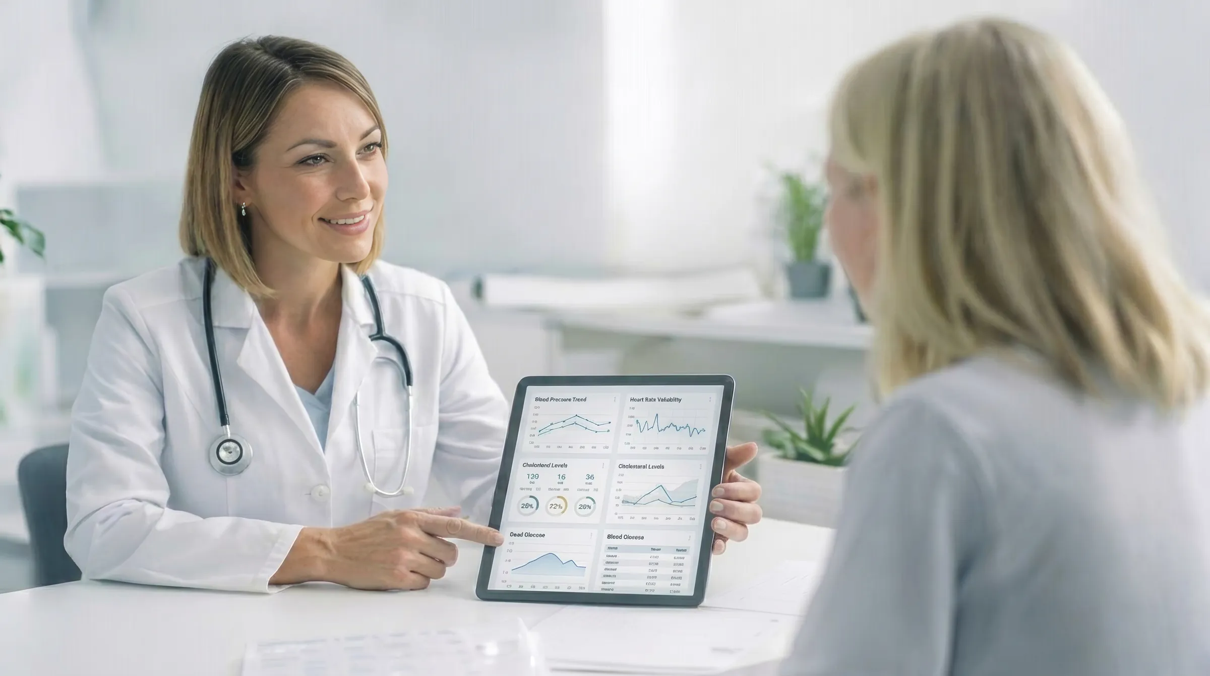 Clinician reviewing health metrics on a tablet with a patient during a check-in